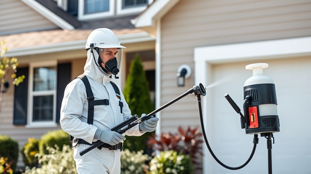 Professional pest control technician treating home exterior